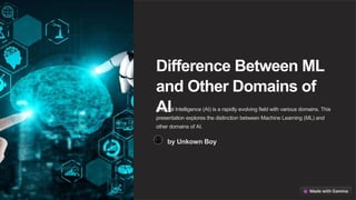 Difference Between ML
and Other Domains of
AI
Artificial Intelligence (AI) is a rapidly evolving field with various domains. This
presentation explores the distinction between Machine Learning (ML) and
other domains of AI.
by Unkown Boy
 