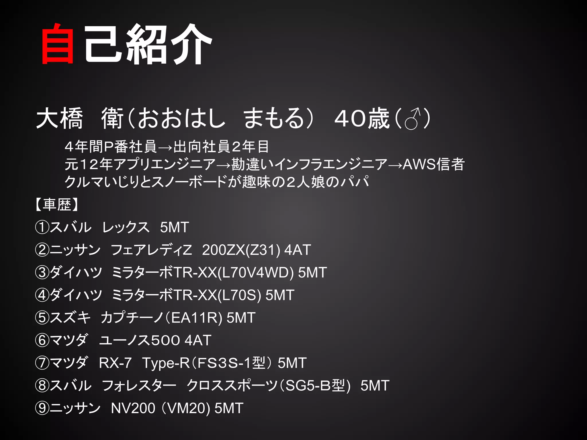 ⮬ᕫ⤂௓ 
኱ᶫ䚷⾨䠄䛚䛚䛿䛧䚷䜎䜒䜛䠅䚷䠐䠌ṓ䠄♂䠅 
䚷䚷䚷䠐ᖺ㛫䠬␒♫ဨ→ฟྥ♫ဨ䠎ᖺ┠ 
䚷䚷䚷ඖ䠍䠎ᖺ䜰䝥䝸䜶䞁䝆䝙䜰→຺㐪䛔䜲䞁䝣䝷䜶䞁䝆䝙䜰→AWSಙ⪅ 
䚷䚷䚷䜽䝹䝬䛔䛨䜚䛸䝇䝜䞊䝪䞊䝗䛜㊃࿡䛾䠎ேፉ䛾䝟䝟 
䛆㌴Ṕ䛇 
䐟䝇䝞䝹䚷䝺䝑䜽䝇䚷5MT 
䐠䝙䝑䝃䞁䚷䝣䜵䜰䝺䝕䜱䠶䚷200ZX(Z31) 4AT 
䐡䝎䜲䝝䝒䚷䝭䝷䝍䞊䝪TR-XX(L70V4WD) 5MT 
䐢䝎䜲䝝䝒䚷䝭䝷䝍䞊䝪TR-XX(L70S) 5MT 
䐣䝇䝈䜻䚷䜹䝥䝏䞊䝜䠄EA11R) 5MT 
䐤䝬䝒䝎䚷䝴䞊䝜䝇䠑䠌䠌 4AT 
䐥䝬䝒䝎䚷RX-7䚷Type-R䠄䠢䠯䠏䠯-1ᆺ䠅 5MT 
䐦䝇䝞䝹䚷䝣䜷䝺䝇䝍䞊䚷䜽䝻䝇䝇䝫䞊䝒䠄SG5-䠞ᆺ)䚷5MT 
䐧䝙䝑䝃䞁䚷NV200 䠄VM20) 5MT 
 