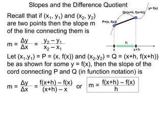 Recall that if (x1, y1) and (x2, y2)
are two points then the slope m
of the line connecting them is
x
P=(x, f(x))
x+h
Q=(x+h, f(x+h))
Δy
m =
y2 – y1
= x2 – x1Δx
Let (x1,y1) = P = (x, f(x)) and (x2,y2) = Q = (x+h, f(x+h))
be as shown for some y = f(x), then the slope of the
cord connecting P and Q (in function notation) is
Δy
m =
f(x+h) – f(x)
= (x+h) – xΔx or m = f(x+h) – f(x)
h
Slopes and the Difference Quotient y= f(x)
h
 