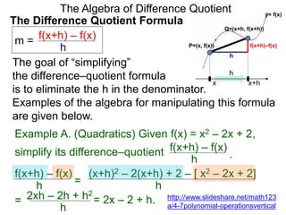 x
P=(x, f(x))
x+h
Q=(x+h, f(x+h))
The goal of “simplifying”
the difference–quotient formula
is to eliminate the h in the denominator.
Examples of the algebra for manipulating this formula
are given below.
m = f(x+h) – f(x)
h
h
f(x+h)–f(x)
The Algebra of Difference Quotient
The Difference Quotient Formula
Example A. (Quadratics) Given f(x) = x2 – 2x + 2,
f(x+h) – f(x)
h =
(x+h)2 – 2(x+h) + 2 – [ x2 – 2x + 2]
h
2xh – 2h + h2
h
= 2x – 2 + h.=
f(x+h) – f(x)
h .simplify its difference–quotient
y= f(x)
http://www.slideshare.net/math123
a/4-7polynomial-operationsvertical
h
 