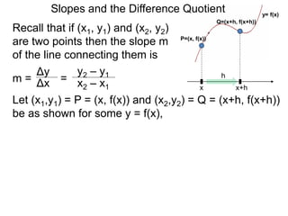 Recall that if (x1, y1) and (x2, y2)
are two points then the slope m
of the line connecting them is
x
P=(x, f(x))
x+h
Q=(x+h, f(x+h))
Δy
m =
y2 – y1
= x2 – x1Δx
Let (x1,y1) = P = (x, f(x)) and (x2,y2) = Q = (x+h, f(x+h))
be as shown for some y = f(x),
Slopes and the Difference Quotient y= f(x)
h
 