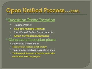 Inception Phase Iteration Initiate Project Plan and Manage Iteration  Identify and Refine Requirements Agree on Technical Approach Objective of Inception phase Understand what to build Identify key system functionality Determine at least one possible solution Understand the cost, schedule and risks associated with the project 