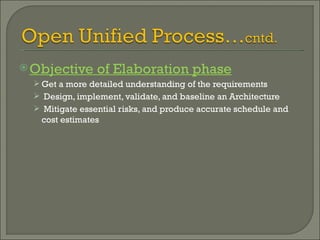 Objective of Elaboration phase Get a more detailed understanding of the requirements Design, implement, validate, and baseline an Architecture Mitigate essential risks, and produce accurate schedule and cost estimates 