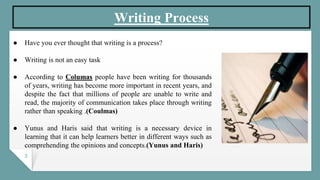 3
Writing Process
● Have you ever thought that writing is a process?
● Writing is not an easy task
● According to Columas people have been writing for thousands
of years, writing has become more important in recent years, and
despite the fact that millions of people are unable to write and
read, the majority of communication takes place through writing
rather than speaking .(Coulmas)
● Yunus and Haris said that writing is a necessary device in
learning that it can help learners better in different ways such as
comprehending the opinions and concepts.(Yunus and Haris)
 