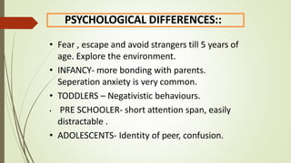 PSYCHOLOGICAL DIFFERENCES::
• Fear , escape and avoid strangers till 5 years of
age. Explore the environment.
• INFANCY- more bonding with parents.
Seperation anxiety is very common.
• TODDLERS – Negativistic behaviours.
• PRE SCHOOLER- short attention span, easily
distractable .
• ADOLESCENTS- Identity of peer, confusion.
 
