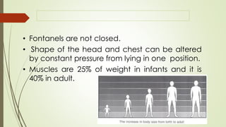 • Fontanels are not closed.
• Shape of the head and chest can be altered
by constant pressure from lying in one position.
• Muscles are 25% of weight in infants and it is
40% in adult.
 