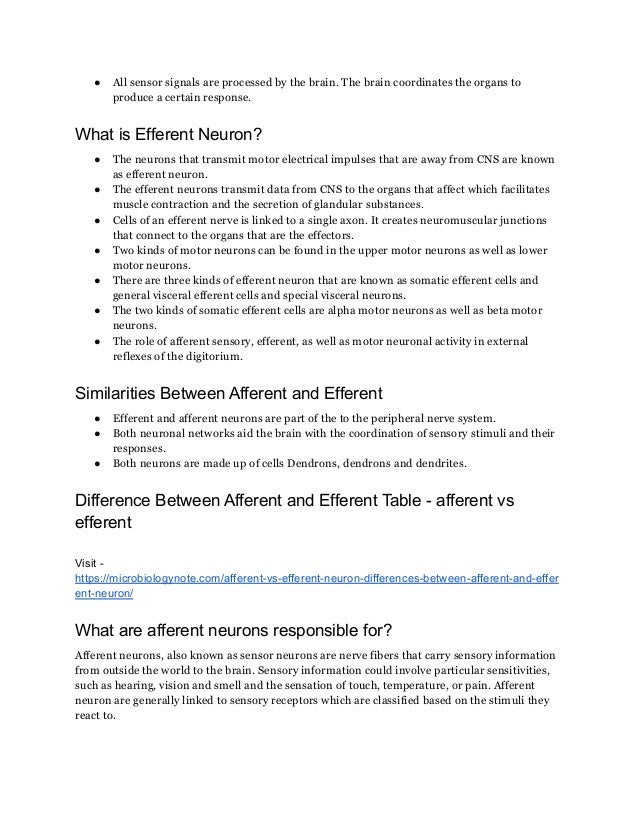 ● All sensor signals are processed by the brain. The brain coordinates the organs to
produce a certain response.
What is Efferent Neuron?
● The neurons that transmit motor electrical impulses that are away from CNS are known
as efferent neuron.
● The efferent neurons transmit data from CNS to the organs that affect which facilitates
muscle contraction and the secretion of glandular substances.
● Cells of an efferent nerve is linked to a single axon. It creates neuromuscular junctions
that connect to the organs that are the effectors.
● Two kinds of motor neurons can be found in the upper motor neurons as well as lower
motor neurons.
● There are three kinds of efferent neuron that are known as somatic efferent cells and
general visceral efferent cells and special visceral neurons.
● The two kinds of somatic efferent cells are alpha motor neurons as well as beta motor
neurons.
● The role of afferent sensory, efferent, as well as motor neuronal activity in external
reflexes of the digitorium.
Similarities Between Afferent and Efferent
● Efferent and afferent neurons are part of the to the peripheral nerve system.
● Both neuronal networks aid the brain with the coordination of sensory stimuli and their
responses.
● Both neurons are made up of cells Dendrons, dendrons and dendrites.
Difference Between Afferent and Efferent Table - afferent vs
efferent
Visit -
https://microbiologynote.com/afferent-vs-efferent-neuron-differences-between-afferent-and-effer
ent-neuron/
What are afferent neurons responsible for?
Afferent neurons, also known as sensor neurons are nerve fibers that carry sensory information
from outside the world to the brain. Sensory information could involve particular sensitivities,
such as hearing, vision and smell and the sensation of touch, temperature, or pain. Afferent
neuron are generally linked to sensory receptors which are classified based on the stimuli they
react to.
 