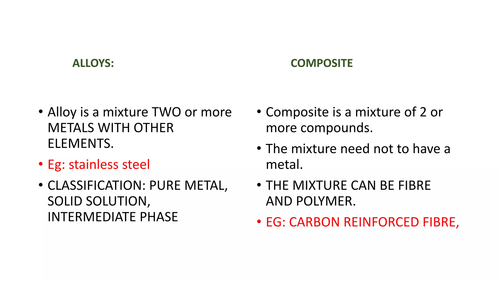 ALLOYS:
• Alloy is a mixture TWO or more
METALS WITH OTHER
ELEMENTS.
• Eg: stainless steel
• CLASSIFICATION: PURE METAL,
SOLID SOLUTION,
INTERMEDIATE PHASE
COMPOSITE
• Composite is a mixture of 2 or
more compounds.
• The mixture need not to have a
metal.
• THE MIXTURE CAN BE FIBRE
AND POLYMER.
• EG: CARBON REINFORCED FIBRE,