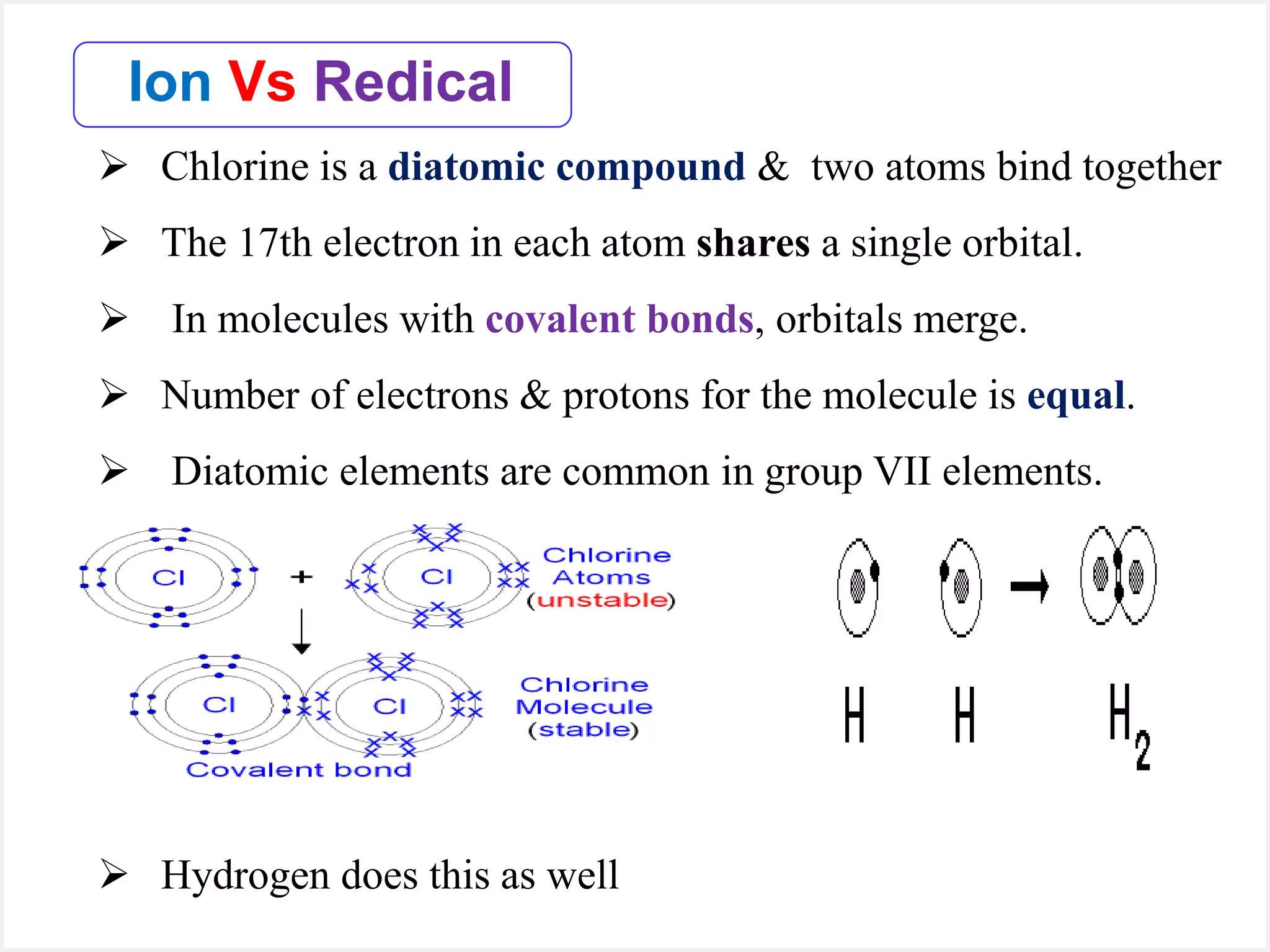 Chlorine is a diatomic compound & two atoms bind together
 The 17th electron in each atom shares a single orbital.
 In molecules with covalent bonds, orbitals merge.
 Number of electrons & protons for the molecule is equal.
 Diatomic elements are common in group VII elements.
 Hydrogen does this as well
Ion Vs Redical
 