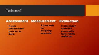 Tools used
Assessment
It uses
achievement
tests for its
data.
Measurement
It uses tests
for
assigning
numerals.
Evaluation
It uses many
tools like
personality
tests, rating
scales etc.
 