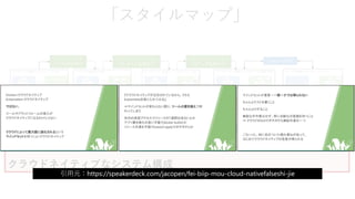 パブリッククラ
ウドの利用許可
パブリッククラウドへ
のシステム配置許可
Edgeの必要性
パブリッククラウドの利用許可と
システム配置許可
Edgeの必要性
クラウドネイティブなアーキテクチャの採用
パブリッククラウドへ
のデータ配置許可
「スタイルマップ」
クラウドネイティブなシステム構成
引用元：https://speakerdeck.com/jacopen/fei-biip-mou-cloud-nativefalseshi-jie
 