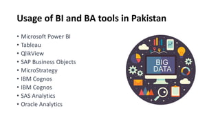 Usage of BI and BA tools in Pakistan
• Microsoft Power BI
• Tableau
• QlikView
• SAP Business Objects
• MicroStrategy
• IBM Cognos
• IBM Cognos
• SAS Analytics
• Oracle Analytics
 