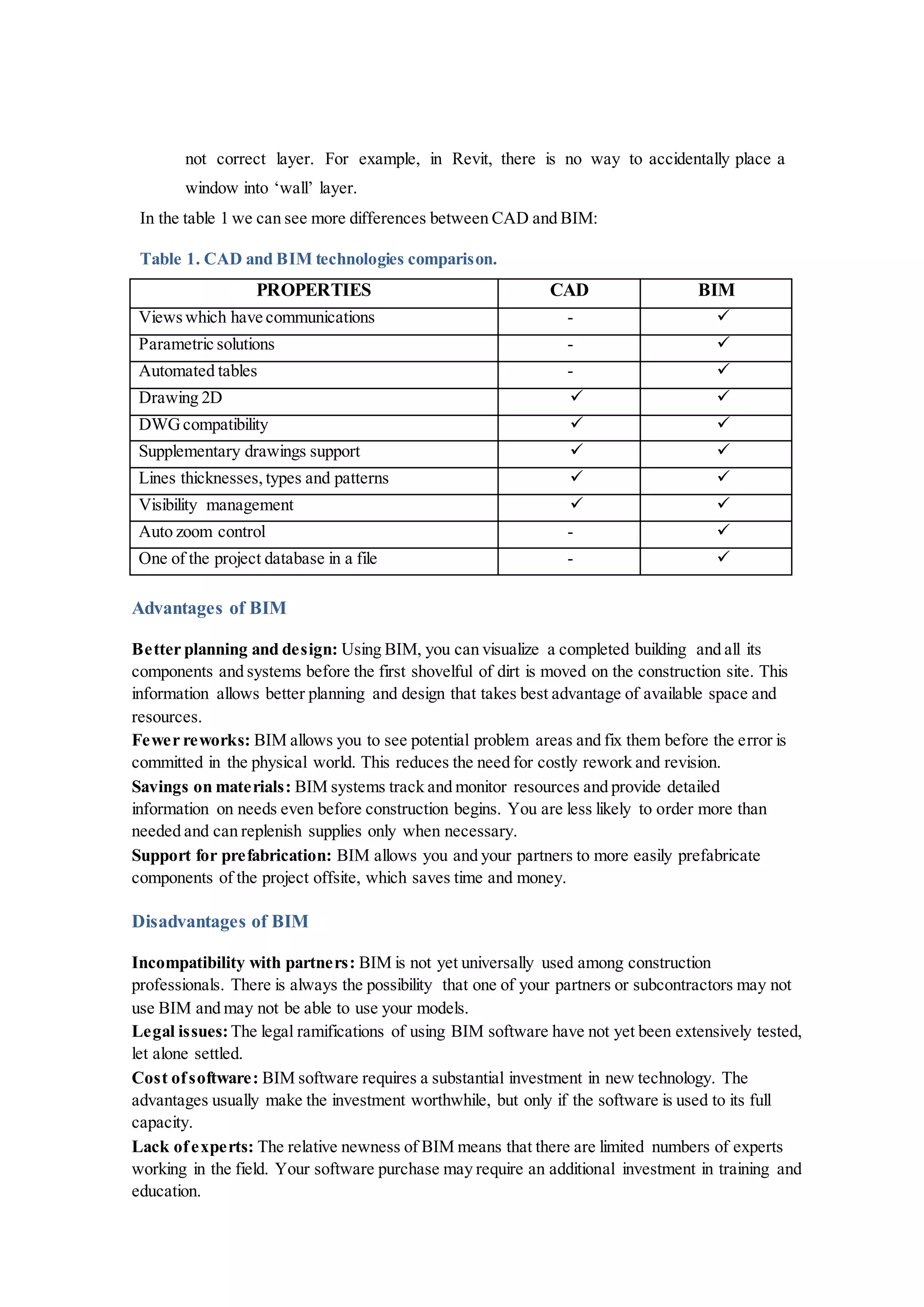 not correct layer. For example, in Revit, there is no way to accidentally place a
window into ‘wall’ layer.
In the table 1 we can see more differences between CAD and BIM:
Table 1. CAD and BIM technologies comparison.
PROPERTIES CAD BIM
Viewswhich have communications - 
Parametric solutions - 
Automated tables - 
Drawing 2D  
DWGcompatibility  
Supplementary drawings support  
Lines thicknesses, types and patterns  
Visibility management  
Auto zoom control - 
One of the project database in a file - 
Advantages of BIM
Better planning and design: Using BIM, you can visualize a completed building and all its
components and systems before the first shovelful of dirt is moved on the construction site. This
information allows better planning and design that takes best advantage of available space and
resources.
Fewer reworks: BIM allows you to see potential problem areas and fix them before the error is
committed in the physical world. This reduces the need for costly rework and revision.
Savings on materials: BIM systems track and monitor resources and provide detailed
information on needs even before construction begins. You are less likely to order more than
needed and can replenish supplies only when necessary.
Support for prefabrication: BIM allows you and your partners to more easily prefabricate
components of the project offsite, which saves time and money.
Disadvantages of BIM
Incompatibility with partners: BIM is not yet universally used among construction
professionals. There is always the possibility that one of your partners or subcontractors may not
use BIM and may not be able to use your models.
Legal issues:The legal ramifications of using BIM software have not yet been extensively tested,
let alone settled.
Cost ofsoftware: BIM software requires a substantial investment in new technology. The
advantages usually make the investment worthwhile, but only if the software is used to its full
capacity.
Lack ofexperts: The relative newness of BIM means that there are limited numbers of experts
working in the field. Your software purchase may require an additional investment in training and
education.
 