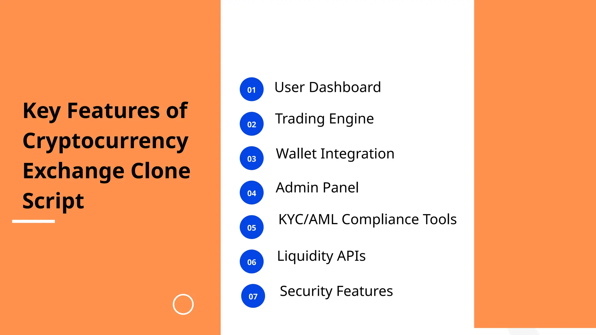 01
02
03
Key Features of
Cryptocurrency
Exchange Clone
Script
04
05
06
User Dashboard
Trading Engine
Wallet Integration
Admin Panel
KYC/AML Compliance Tools
Liquidity APIs
07 Security Features
 