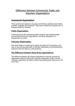 Difference between Commercial, Public and
                Voluntary Organisations


Commercial Organisation:
This is general and applies to any group (s) that has a particular set of skills,
priorities, strategies and resources. They want to achieve the ‘specific aim’ of
making a profit e.g. business.

Public Organisation:

A field concerned with maintaining public image for high-profiled people,
commercial business and organizations, non-profit associations or
programmes e.g. parks.

Voluntary Organisation:

One which relies on occasional or regular volunteers for its operations and,
may or may not have paid staff. A volunteer organisation is characterized by
autonomy from the state e.g. child protection.

The Difference between these three organisations:

The difference between all of these organisations is that the commercial
organisation wants to make profit, the public organisation doesn’t and the
voluntary organisation just does it without even getting paid, they just do it for
us for free.
 