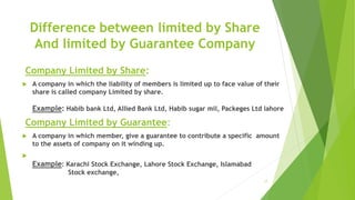 17
Difference between limited by Share
And limited by Guarantee Company
Company Limited by Share:
 A company in which the liability of members is limited up to face value of their
share is called company Limited by share.
Example: Habib bank Ltd, Allied Bank Ltd, Habib sugar mil, Packeges Ltd lahore
Company Limited by Guarantee:
 A company in which member, give a guarantee to contribute a specific amount
to the assets of company on it winding up.

Example: Karachi Stock Exchange, Lahore Stock Exchange, Islamabad
Stock exchange,
 