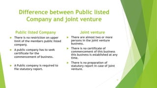 Difference between Public listed
Company and joint venture
Public listed Company
 There is no restriction on upper
limit of the members public listed
company.
 A public company has to seek
certificate for the
commencement of business.
 A Public company is required to
file statutory report.
Joint venture
 There are almost two or more
persons in the joint venture
business.
 There is no certificate of
commencement of this business
this business is established at any
time.
 There is no preparation of
statutory report in case of joint
venture.
30
 