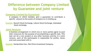 33
Company Limited by Guarantee:
A company in which member, give a guarantee to contribute a
specific amount to the assets of company on it winding up.
Example: Karachi Stock Exchange, Lahore Stock Exchange, Islamabad
Stock exchange,
Joint Venture:
A business arrangement in which two or more parties agree to pool
their resources for the purpose of accomplishing a specific task. This
task can be a new project or any other business activity. In a joint
venture, each of the participants is responsible for profits, losses
and costs associated with it.
Example: Honda Atlas Cars, Pak Chine Investment Company
Difference between Company Limited
by Guarantee and joint venture
 