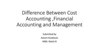 Difference Between Cost
Accounting ,Financial
Accounting and Management
Submitted by
Aavani Sivadasan
MBA I Batch B
 