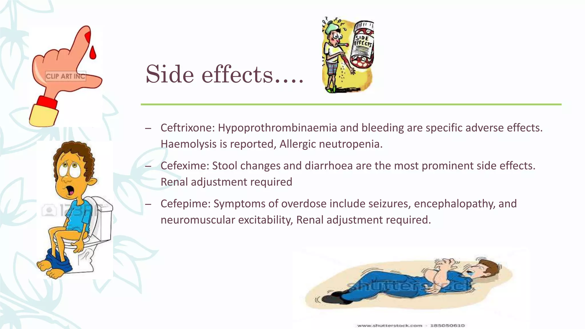 Side effects….
– Ceftrixone: Hypoprothrombinaemia and bleeding are specific adverse effects.
Haemolysis is reported, Allergic neutropenia.
– Cefexime: Stool changes and diarrhoea are the most prominent side effects.
Renal adjustment required
– Cefepime: Symptoms of overdose include seizures, encephalopathy, and
neuromuscular excitability, Renal adjustment required.
 