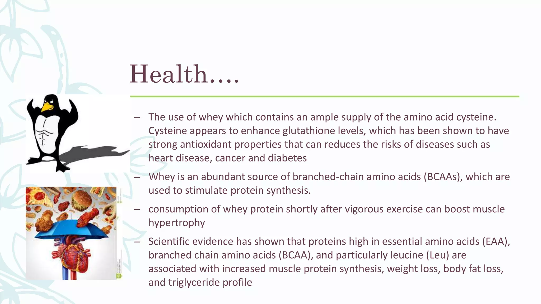 Health….
– The use of whey which contains an ample supply of the amino acid cysteine.
Cysteine appears to enhance glutathione levels, which has been shown to have
strong antioxidant properties that can reduces the risks of diseases such as
heart disease, cancer and diabetes
– Whey is an abundant source of branched-chain amino acids (BCAAs), which are
used to stimulate protein synthesis.
– consumption of whey protein shortly after vigorous exercise can boost muscle
hypertrophy
– Scientific evidence has shown that proteins high in essential amino acids (EAA),
branched chain amino acids (BCAA), and particularly leucine (Leu) are
associated with increased muscle protein synthesis, weight loss, body fat loss,
and triglyceride profile
 