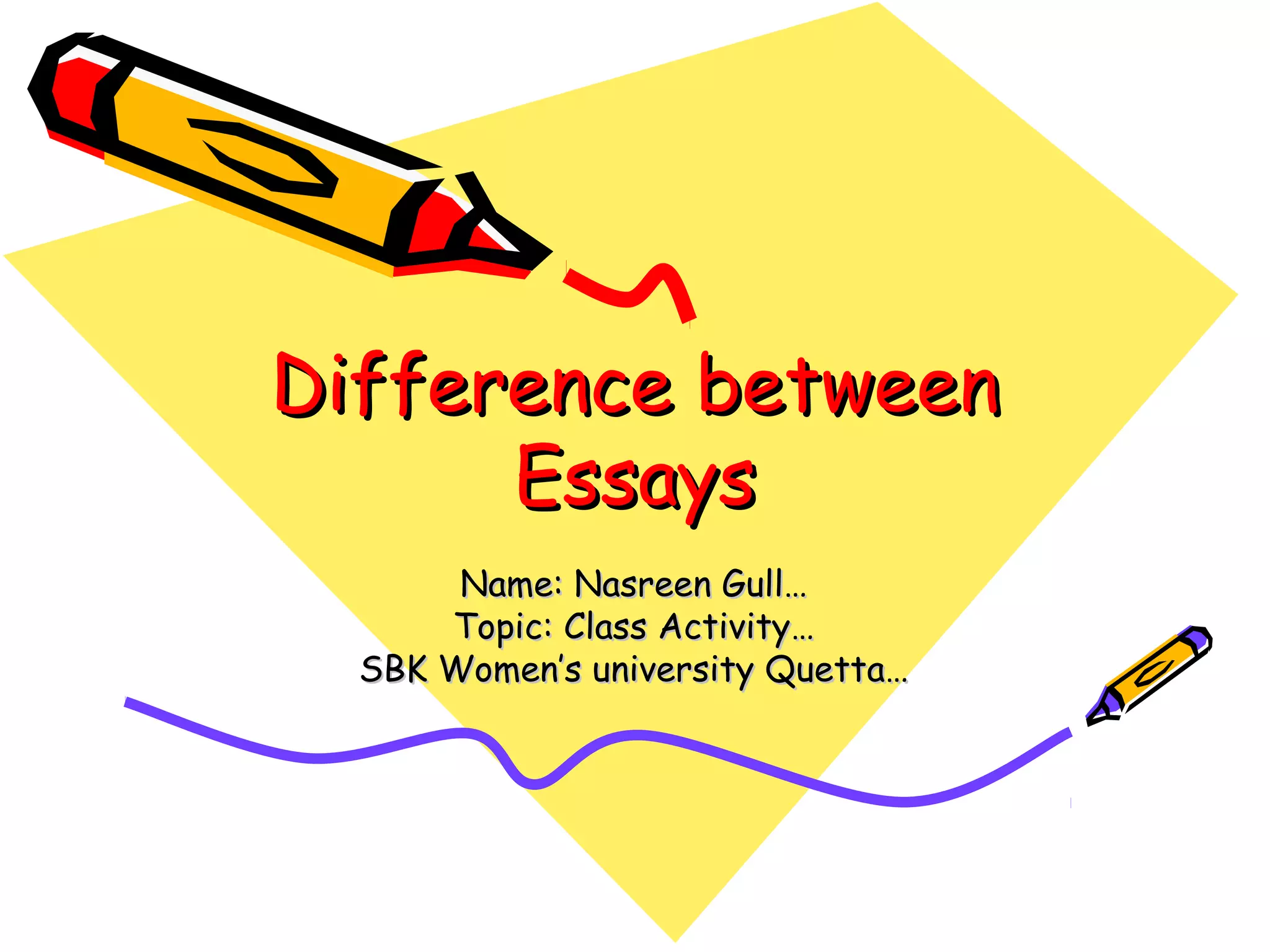 Difference betweenDifference between
EssaysEssays
Name: Nasreen Gull…Name: Nasreen Gull…
Topic: Class Activity…Topic: Class Activity…
SBK Women’s university Quetta…SBK Women’s university Quetta…
 