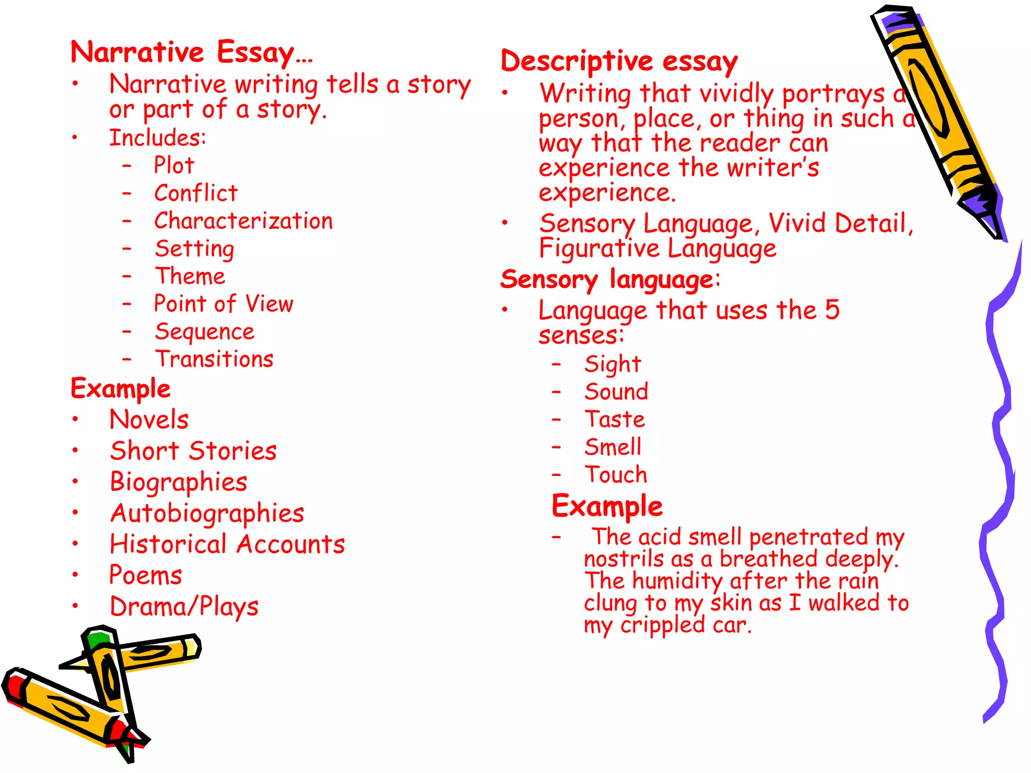 Narrative Essay…
• Narrative writing tells a story
or part of a story.
• Includes:
– Plot
– Conflict
– Characterization
– Setting
– Theme
– Point of View
– Sequence
– Transitions
Example
• Novels
• Short Stories
• Biographies
• Autobiographies
• Historical Accounts
• Poems
• Drama/Plays
Descriptive essay
• Writing that vividly portrays a
person, place, or thing in such a
way that the reader can
experience the writer’s
experience.
• Sensory Language, Vivid Detail,
Figurative Language
Sensory language:
• Language that uses the 5
senses:
– Sight
– Sound
– Taste
– Smell
– Touch
Example
– The acid smell penetrated my
nostrils as a breathed deeply.
The humidity after the rain
clung to my skin as I walked to
my crippled car.
 