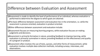 Difference between Evaluation and Assessment
Assessment is made to identify the level of performance of an individual, whereas evaluation is
performed to determine the degree to which goals are attained.
The basic difference between assessment and evaluation lies in the orientation, i.e. while the
assessment is process oriented, evaluation is product oriented.
Other differences between assessment and evaluation include:
Assessment focuses on measuring learning progress, while evaluation focuses on making
judgments and decisions.
Assessment is primarily formative in nature, providing feedback to improve learning, while
evaluation is primarily summative in nature, providing feedback on the effectiveness and quality
of a program or product.
Assessment often involves the use of tests, quizzes, and other forms of measurement, while
evaluation involves multiple data collection methods, including surveys, interviews, and
observations.
 