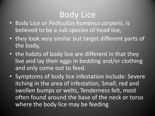 Body Lice
• Body Lice or Pediculius humanus corporis, is
  believed to be a sub species of head lice,
• they look very similar but target different parts of
  the body,
• the habits of body lice are different in that they
  live and lay their eggs in bedding and/or clothing
  and only come out to feed.
• Symptoms of body lice infestation include: Severe
  itching in the area of infestation, Small, red and
  swollen bumps or welts, Tenderness felt, most
  often found around the base of the neck or torso
  where the body lice may be feeding
 