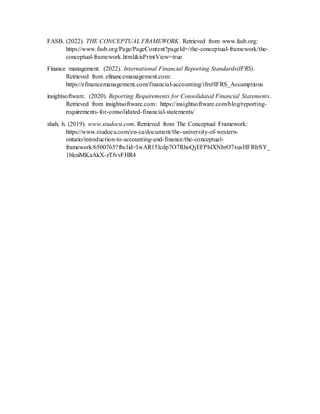 FASB. (2022). THE CONCEPTUAL FRAMEWORK. Retrieved from www.fasb.org:
https://www.fasb.org/Page/PageContent?pageId=/the-conceptual-framework/the-
conceptual-framework.html&isPrintView=true
Finance management. (2022). International Financial Reporting Standards(IFRS).
Retrieved from efinancemanagement.com:
https://efinancemanagement.com/financial-accounting/ifrs#IFRS_Assumptions
insightsoftware. (2020). Reporting Requirements for Consolidated Financial Statements.
Retrieved from insightsoftware.com: https://insightsoftware.com/blog/reporting-
requirements-for-consolidated-financial-statements/
shah, h. (2019). www.studocu.com. Retrieved from The Conceptual Framework:
https://www.studocu.com/en-ca/document/the-university-of-western-
ontario/introduction-to-accounting-and-finance/the-conceptual-
framework/6500765?fbclid=IwAR15lcdp7O7RhoQjEFPhlXNbrO7xusHFRIrSY_
1bkniMKaAkX-zTfvvFHR4
 