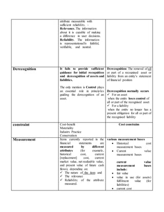 attribute measurable with
sufficient reliability. –
Relevance. The information
about it is capable of making
a difference in user decisions.
Reliability. The information
is representationally faithful,
verifiable, and neutral.
Derecognition It fails to provide sufficient
guidance for initial recognition
and derecognition of assets and
liabilities.
The only mention is Control plays
an essential role in principles
guiding the derecognition of an
asset.
Derecognition: The removal of all
or part of a recognised asset or
liability from an entity’s statement
of financial position
Derecognition normally occurs
 For an asset
when the entity loses control of
all or part of the recognised asset
 For a liability
when the entity no longer has a
present obligation for all or part of
the recognised liability
constraint Cost-benefit
Materiality
Industry Practice
Conservatism
Cost constrains
Measurement Items currently reported in the
financial statements are
measured by different
attributes (for example,
historical cost, current
[replacement] cost, current
market value, net realizable value,
and present value of future cash
flows), depending on:
 The nature of the item and
 The relevance
 Reliability of the attribute
measured.
various measurement bases
 Historical cost
measurement bases
 Current value
measurement bases
current value
measurement bases
include:
 fair value
 value in use (for assets)
fulfilment value (for
liabilities)
 current cost
 