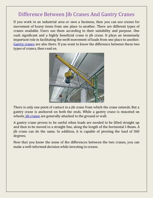 Difference between jib cranes and gantry cranes
