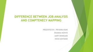 DIFFERENCE BETWEEN JOB ANALYSIS
AND COMPTENECY MAPPING
PRESENTED BY: PRIYANKA RANE
BHAVANA MOHITE
AARTI BHIMGUDE
NISHA SONTAKKE
 