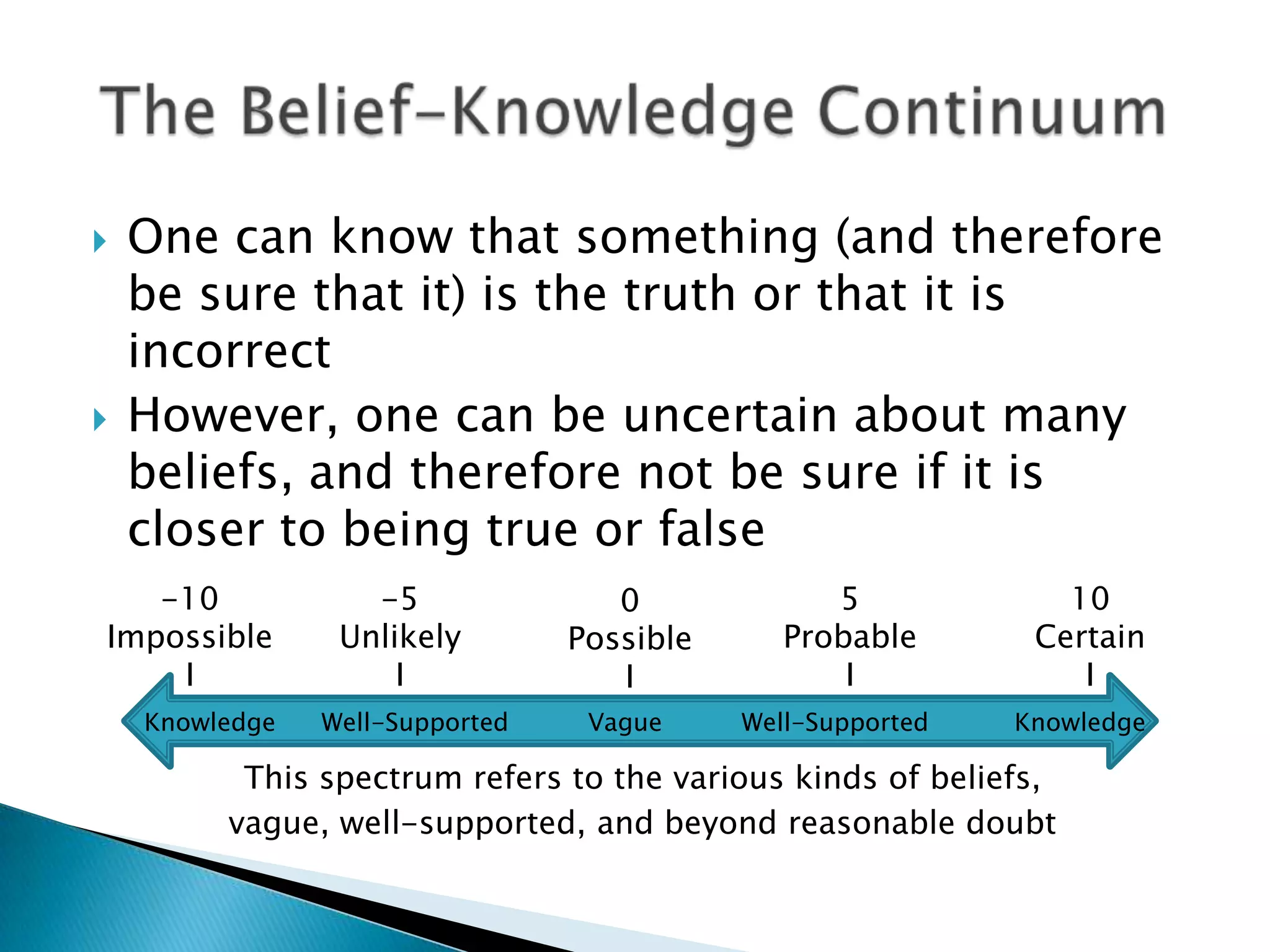    One can know that something (and therefore
    be sure that it) is the truth or that it is
    incorrect
   However, one can be uncertain about many
    beliefs, and therefore not be sure if it is
    closer to being true or false
   -10             -5               0             5             10
Impossible       Unlikely        Possible      Probable       Certain
    I                I              I              I             I
    Knowledge   Well-Supported    Vague     Well-Supported   Knowledge

          This spectrum refers to the various kinds of beliefs,
         vague, well-supported, and beyond reasonable doubt
 