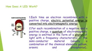 How Does A LED Work?
4
1.Each time an electron recombines with a
positive charge, electric potential energy is
converted into electromagnetic energy.
2.For each recombination of a negative and a
positive charge, a quantum of electromagnetic
energy is emitted in the form of a photon of
light with a frequency characteristic of the
semi-conductor material (usually a
combination of the chemical elements gallium,
arsenic and phosphorus)..
 
