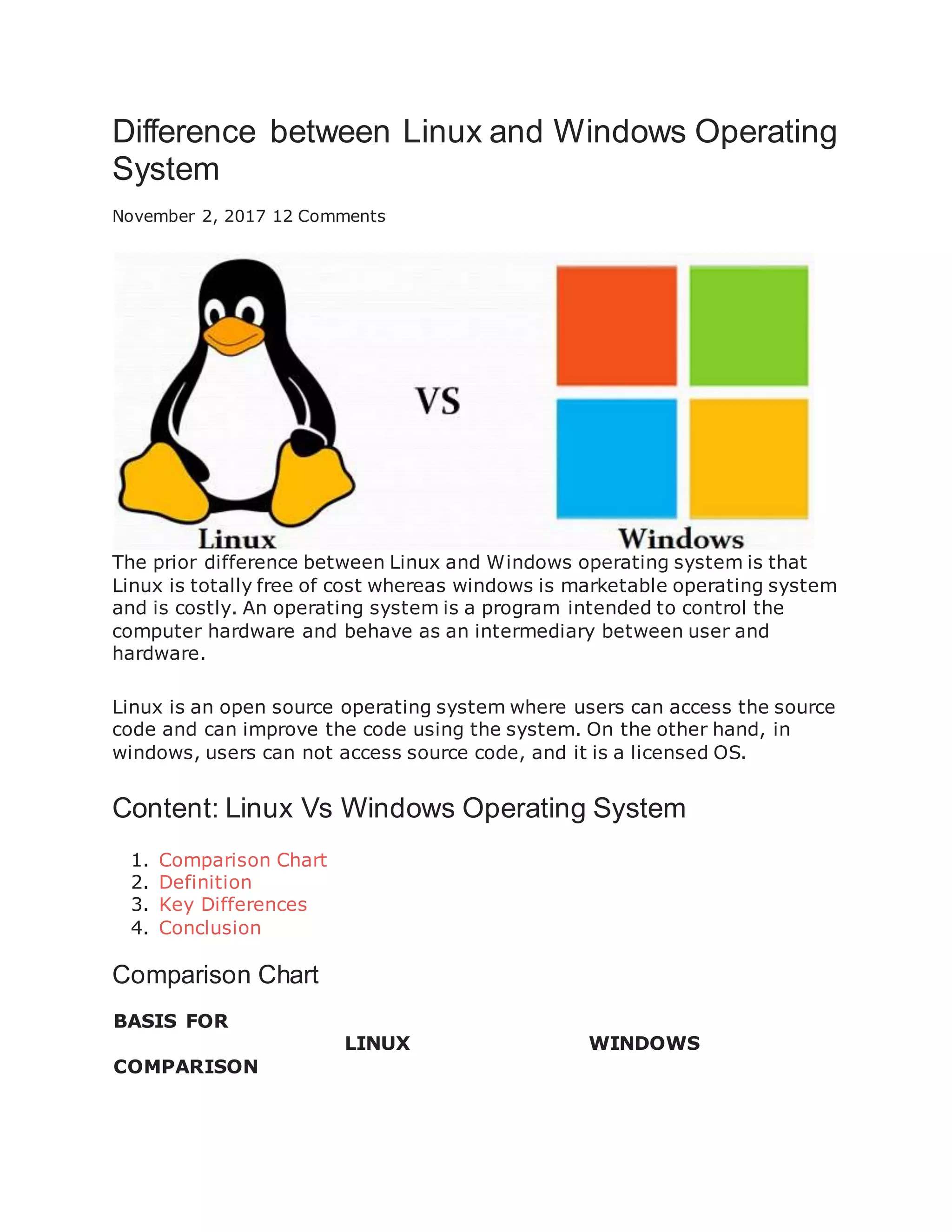 Difference between linux and windows operating system | PDF