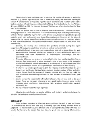 Difference between male and female leadership style | PDF