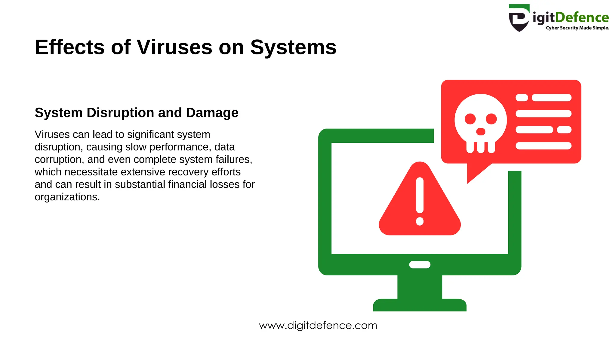 Effects of Viruses on Systems
System Disruption and Damage
Viruses can lead to significant system
disruption, causing slow performance, data
corruption, and even complete system failures,
which necessitate extensive recovery efforts
and can result in substantial financial losses for
organizations.
www.digitdefence.com
 