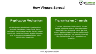 How Viruses Spread
Replication Mechanism Transmission Channels
Viruses spread primarily through replication,
attaching themselves to executable files or
documents. When these infected files are shared
or opened, the virus activates, allowing it to infect
other systems and propagate further, often
without user awareness.
Common transmission channels for viruses
include email attachments, infected software
downloads, and removable media like USB
drives. Social engineering tactics are frequently
employed to trick users into executing infected
files, facilitating the virus's spread across
networks.
www.digitdefence.com
 