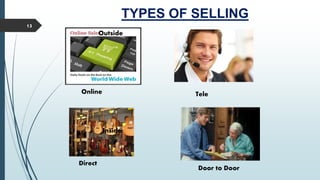 TYPES OF SELLING
13
Online Tele
Direct
Door to Door
Outside
Inside
 