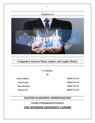 1
Assignment on
Comparison between Money market and Capital Market
xth Semester
By
Faizan Akhtar MBAP-F13-1X
Faisal Saeed MBAP-F13-1X
Hina Shaheen MBAP-F13-1X
Ammara Ch MBAP-F13-1X
MASTERS IN BUSINESS ADMINISTRATION
Faculty of Management Sciences
THE SUPERIOR UNIVERSITY LAHORE
 