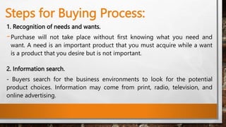 Steps for Buying Process:
1. Recognition of needs and wants.
-Purchase will not take place without first knowing what you need and
want. A need is an important product that you must acquire while a want
is a product that you desire but is not important.
2. Information search.
- Buyers search for the business environments to look for the potential
product choices. Information may come from print, radio, television, and
online advertising.
 