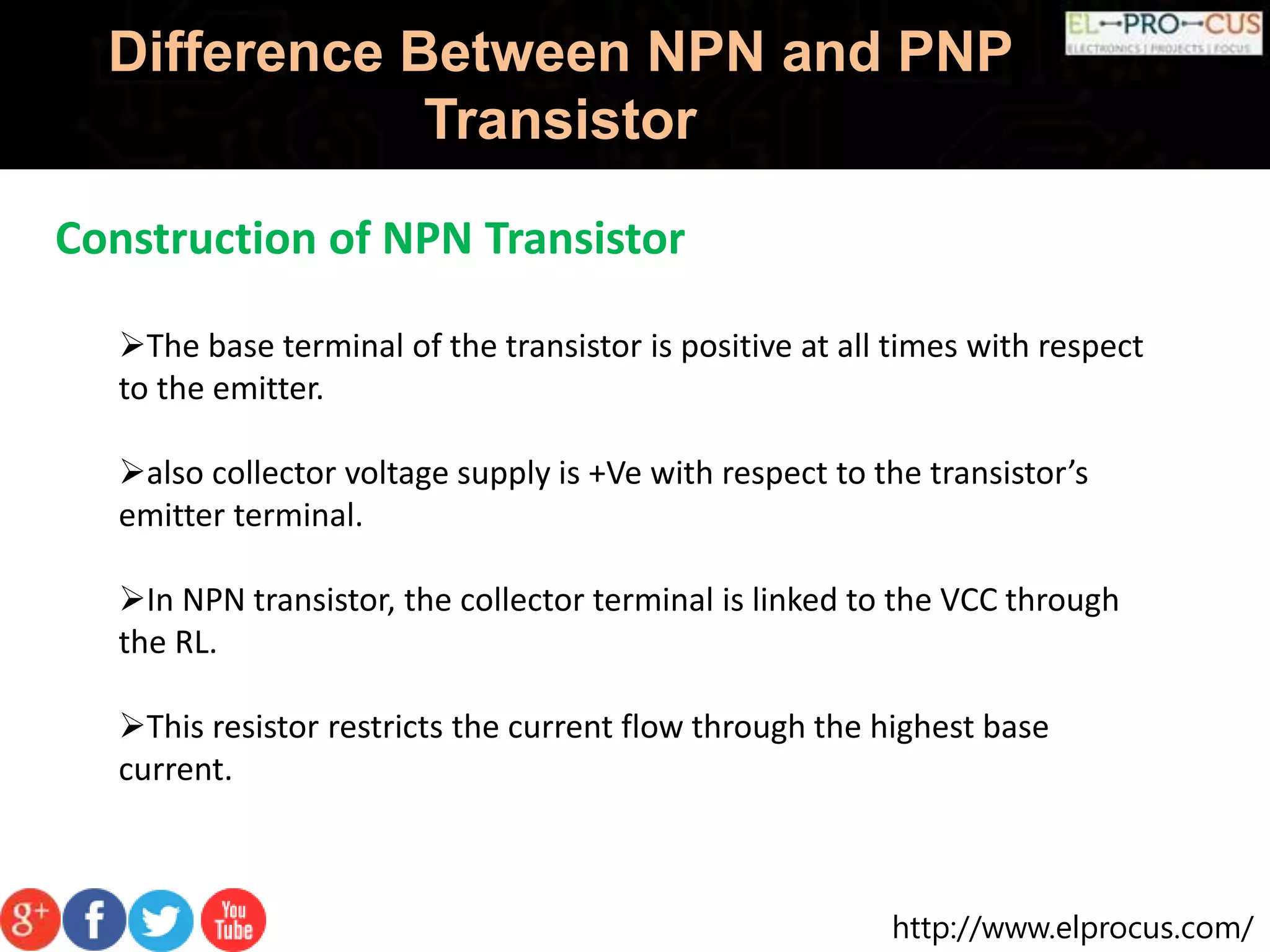 http://www.elprocus.com/
Difference Between NPN and PNP
Transistor
Construction of NPN Transistor
The base terminal of the transistor is positive at all times with respect
to the emitter.
also collector voltage supply is +Ve with respect to the transistor’s
emitter terminal.
In NPN transistor, the collector terminal is linked to the VCC through
the RL.
This resistor restricts the current flow through the highest base
current.
 