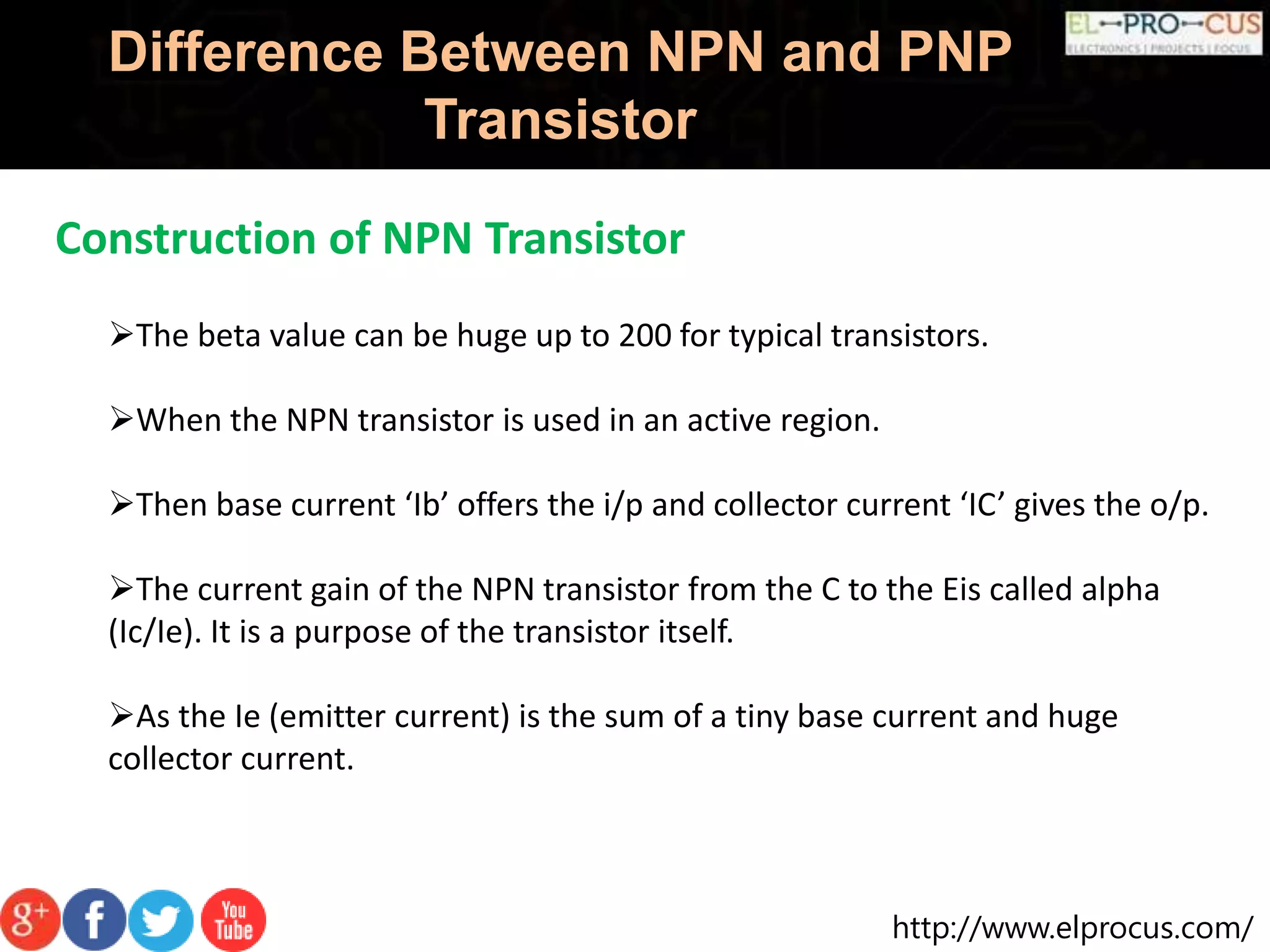 http://www.elprocus.com/
Difference Between NPN and PNP
Transistor
Construction of NPN Transistor
The beta value can be huge up to 200 for typical transistors.
When the NPN transistor is used in an active region.
Then base current ‘Ib’ offers the i/p and collector current ‘IC’ gives the o/p.
The current gain of the NPN transistor from the C to the Eis called alpha
(Ic/Ie). It is a purpose of the transistor itself.
As the Ie (emitter current) is the sum of a tiny base current and huge
collector current.
 