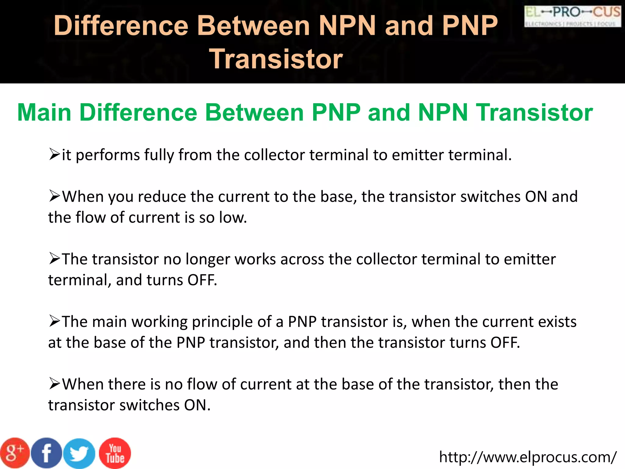 http://www.elprocus.com/
Difference Between NPN and PNP
Transistor
Main Difference Between PNP and NPN Transistor
it performs fully from the collector terminal to emitter terminal.
When you reduce the current to the base, the transistor switches ON and
the flow of current is so low.
The transistor no longer works across the collector terminal to emitter
terminal, and turns OFF.
The main working principle of a PNP transistor is, when the current exists
at the base of the PNP transistor, and then the transistor turns OFF.
When there is no flow of current at the base of the transistor, then the
transistor switches ON.
 