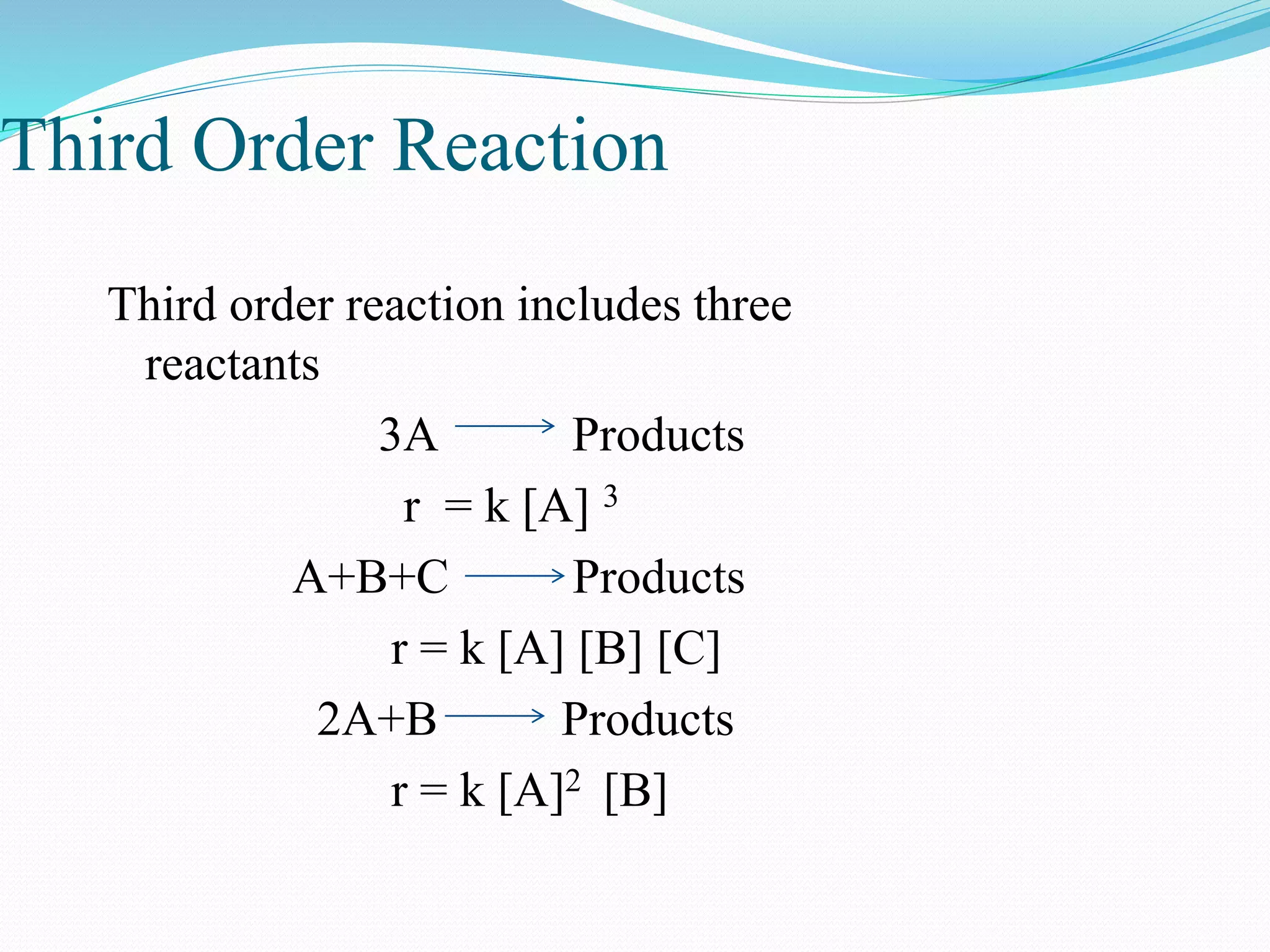 Third Order Reaction
Third order reaction includes three
reactants
3A Products
r = k [A] 3
A+B+C Products
r = k [A] [B] [C]
2A+B Products
r = k [A]2 [B]
 