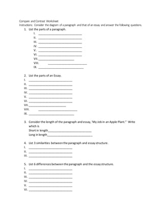 Compare andContrast Worksheet
Instructions: Consider the diagram of aparagraph and that of anessay andanswer the following questions.
1. List the parts of a paragraph.
I. ___________________________
II. ___________________________
III. ___________________________
IV. ___________________________
V. ___________________________
VI. ___________________________
VII.______________________
VIII. ________________________
IX. ____________________________
2. List the parts of an Essay.
I. ___________________________
II. ___________________________
III. ___________________________
IV. ___________________________
V. ___________________________
VI. ___________________________
VII._______________________
VIII. ________________________
IX. ____________________________
3. Consider the length of the paragraph and essay,‘My Job in an Apple Plant.” Write
which is
Short in length___________________________
Long in length____________________________
4. List 3 similarities betweenthe paragraph and essaystructure.
I. ___________________________
II. ___________________________
III. ___________________________
5. List 6 differencesbetweenthe paragraph and the essaystructure.
I. ___________________________
II. ___________________________
III. ___________________________
IV. ___________________________
V. ___________________________
VI. ___________________________
 