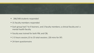  286/348 students responded 
 31 faculty members responded 
 Each group had 7 to 9 learners, and 2 faculty members; a clinical faculty and a 
mental health faculty 
 Faculty was trained for both PBL and CBL 
 2-3 hours session,15 to 25 total sessions. (30 mins for SP) 
 24-item questionnaire 
 