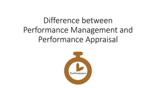Difference between
Performance Management and
Performance Appraisal
 