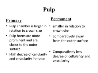 Pulp
Primary
• Pulp chamber is larger in
relation to crown size
• Pulp horns are more
prominent and are
closer to the outer
surface
• High degree of cellularity
and vascularity in tissue
Permanent
• smaller in relation to
crown size
• comparatively away
from the outer surface
• Comparatively less
degree of cellularity and
vascularity
 